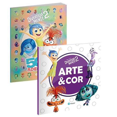 Kit Livros Arte e Cor Divertida Mente 2 + 500 Adesivos Divertida Mente 2 Para Colorir Disney