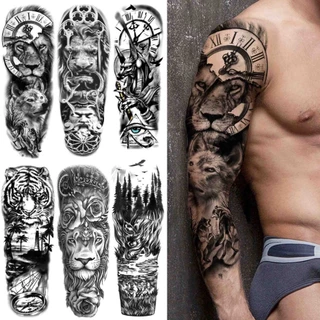 Tatuagem Falsas Temporária de Braço Completo Grande Etiqueta Tribal de Manga Arte Corporal Dragão Tigre Leão Rei Design