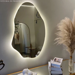 Espelho Orgânico Grande OG-04 com LED Quente e Frio 90x60 p/ Sala Quarto Loja Banheiro Decorativo