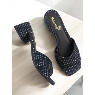 Sandália Tamanco Feminino Salto Grosso Baixo Bloco Tendencia Verão 2025 Tecido Azul,Vermelho, Branco