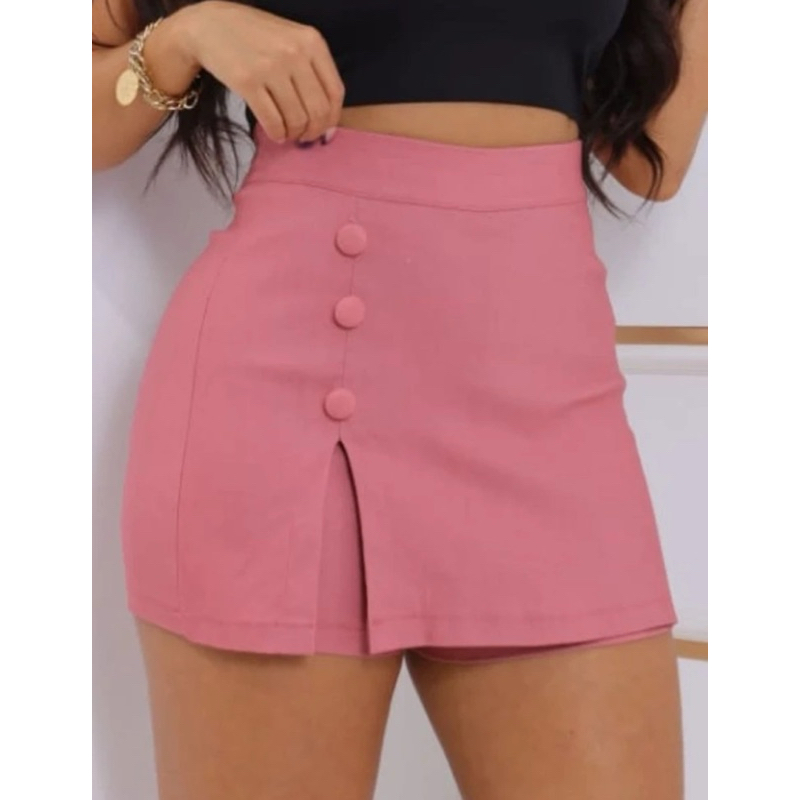 Short saia bengaline 3 botões fenda lateral cintura alta alfaiataria
