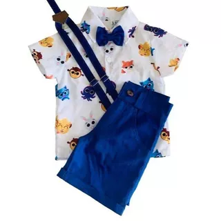 Conjunto Temático Infantil Bolofofos Menino Roupa Camiseta Festa Aniversário Pão Queijo Suspensórios