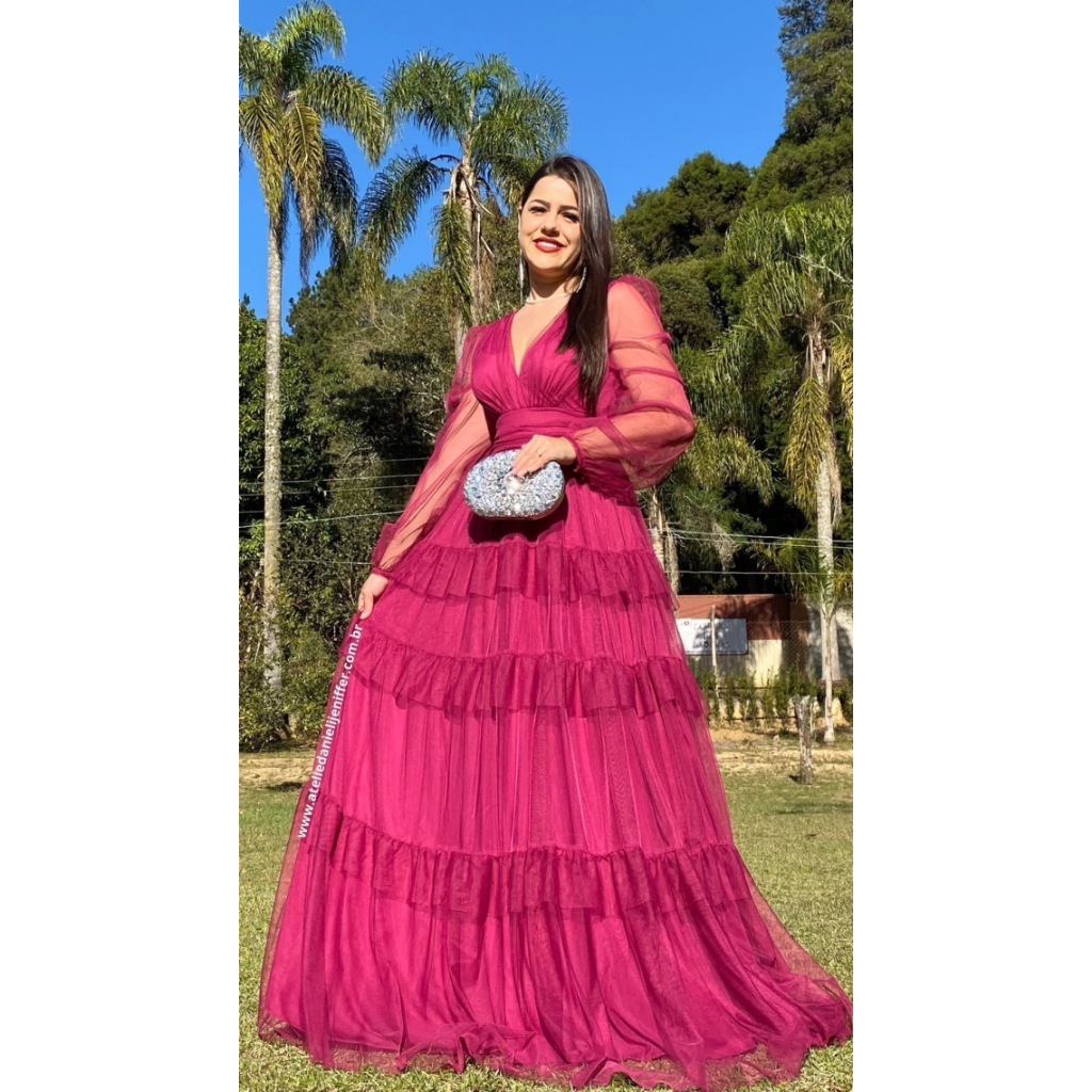 Vestido de festa longo fúcsia madrinha formatura casamento manga longa ...