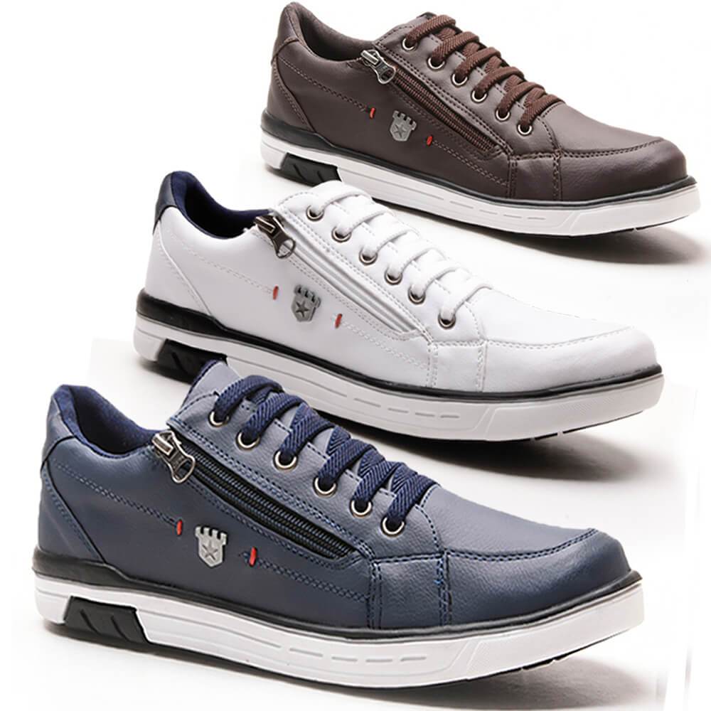 Kit Casual 3 Sapatênis Tamanho Especial Calce Fácil Franshoes 189 Azul, Branco e Marrom