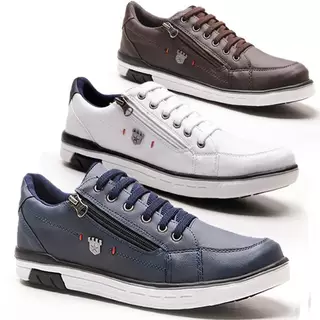 Kit Casual 3 Sapatênis Tamanho Especial Calce Fácil Franshoes 189 Azul, Branco e Marrom