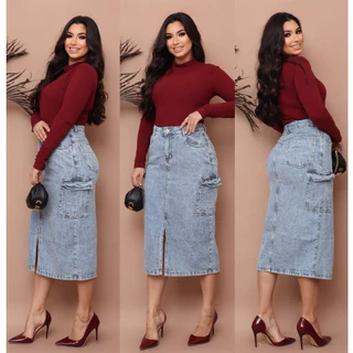 Saia Jeans Cargo Longa Feminina Com Abertura e Bolsos Moda Cristã Evangélica