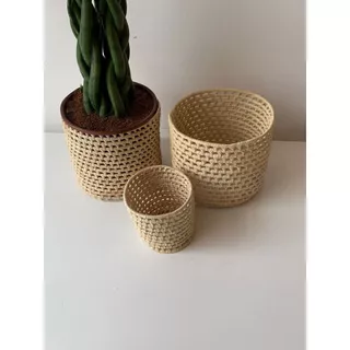 Kit 3 Peças Cachepot Palha Natural, Vasos De Palha Natural