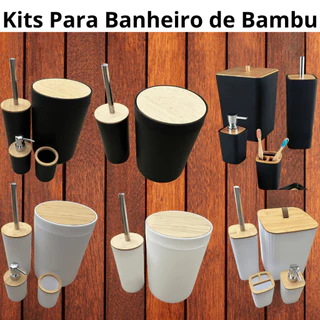 Kit para Banheiro de Bambu e Plástico Moderno Decorada Porta Sabonete Escova de Vaso Lixeira Conjunto Preto ou Branco Barato