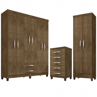 Kit Guarda Roupa Casal 6 Portas 2 Gavetas com Cômoda 5 Gavetas e Multiuso Malbec Clique Chique