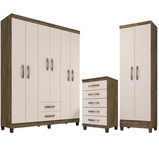 Kit Guarda Roupa Casal 6 Portas 2G com Cômoda 5 Gavetas e Multiuso Teka Champagne Clique Chique