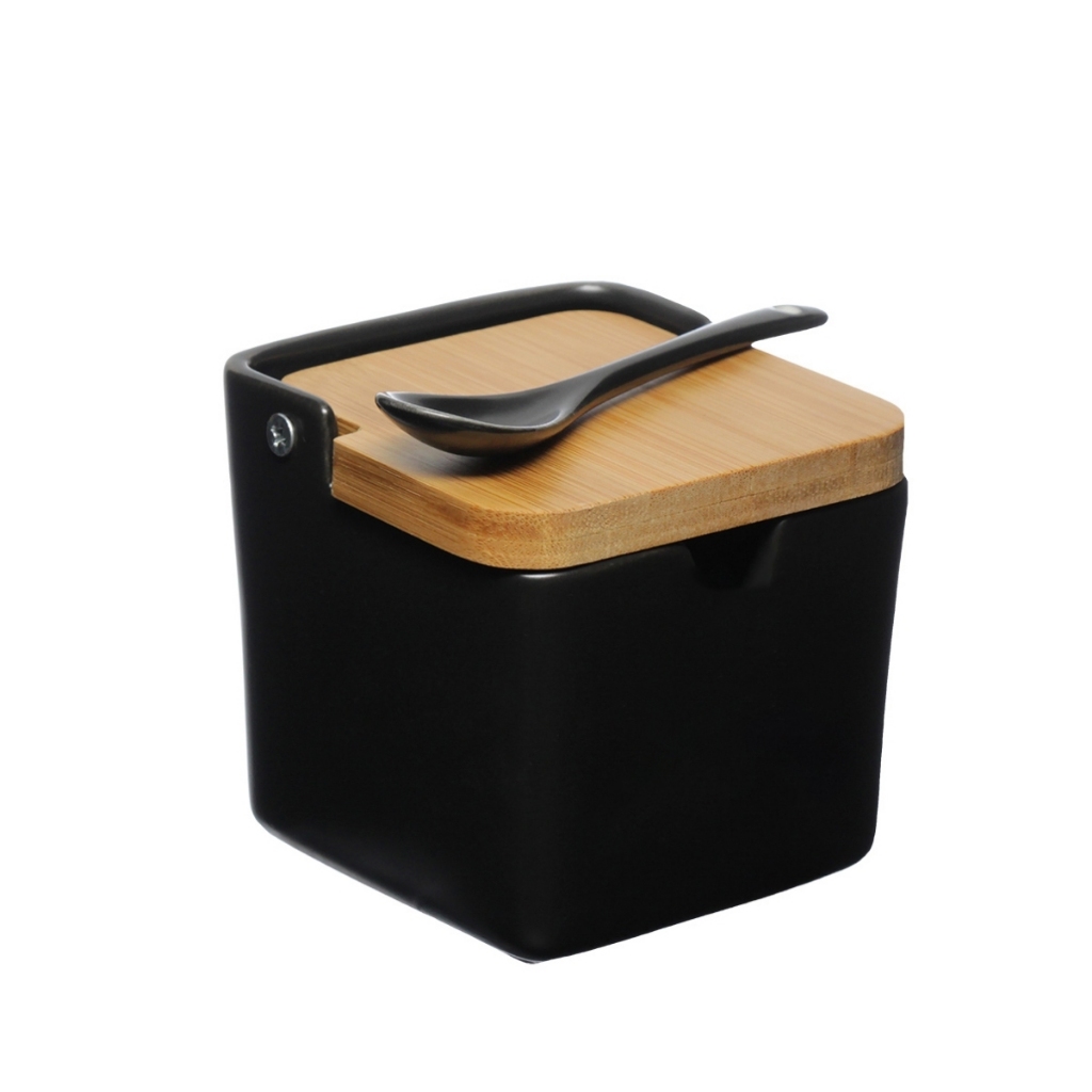 Saleiro Elegante Manhattan Em Porcelana Com Tampa De Bambu Premium