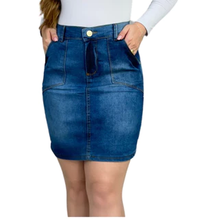 Saia Feminina Jeans Cós Alto Veste Bem Lycra Cintura Alta Com Elastano