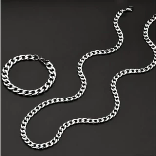 Kit Conjunto Corrente + pulseira cordão Masculino 60cm Aço Inox Prata