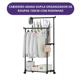 Cabideiro Arara Dupla Organizador de Roupas 130cm com Rodinhas Resistente