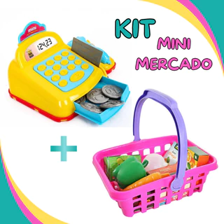 Kit Brinquedo Mini Caixa Registradora + Cesta Supermercado Infantil Cozinha