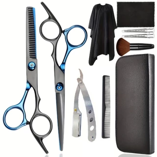 Kit 10PCS Tesoura Barbeiro Fio Navalha E Desfiadeira + Acessórios Espanador Pente Presilhas em Metal Navalhete e Capa Cabeleireiro