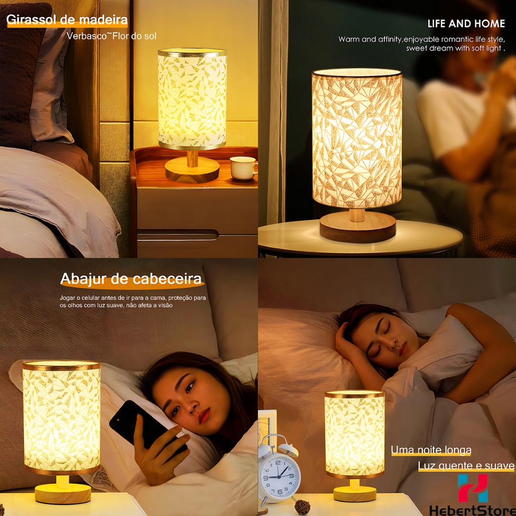 Abajur De Cabeceira De Cama Madeira Dourado Cinza Luxo Luz Amarela ...