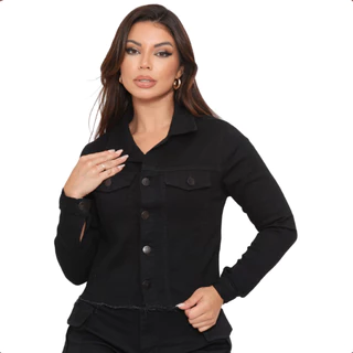 Jaqueta Jeans Cropped Feminina Destroyed Com Lycra Barra Desfiada