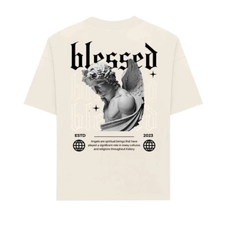 Camiseta Oversized Masculina Streetwear Manga Curta 100% Algodão Estampa Costas Blessed Angel