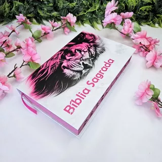 Bíblia Sagrada Branca Leão Rosa LETRAS MÉDIAS Com Harpa e Índice Palavras de Jesus destacadas em Vermelho