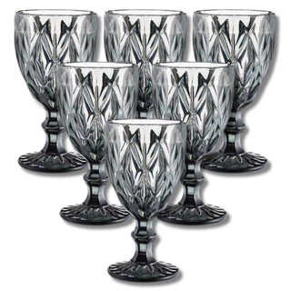 Jogo 6 Taças De Água Vinho Vidro Diamond 260ml Bico De Jaca Preto Fosco Diamante