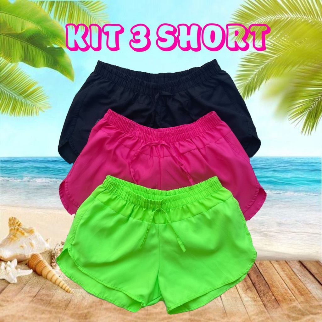 Kit 3 Shorts Tactel Feminino Promoção Short para Praia Academia Clube Caminhada Piscina Verão 2023 Costura Fina Saida de Praia Tectel Plus Size Bermuda Mauricinho Feminina