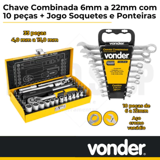 Kit Jogo de Chave Combinada 6mm a 22mm com 10 peças + Jogo Soquetes e Ponteiras Vonder