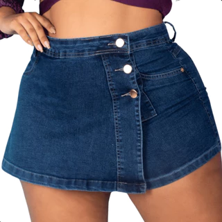 Short Saia Jeans Plus Size Cós Alto Levanta Bumbum Com Detalhes
