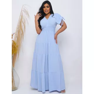 Liny Style Vestido Feminino Longo Elastex Na Cintura Amarração No Ombro Confortável Premium