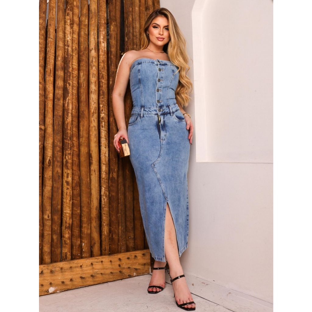 Vestido Jeans Tomara Que Caia Saia Com Abertura Na Frente Shopee