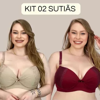 KIT 02 Sutiãs Plus Size Microfibra Reforçado com detalhe em Renda Carol.