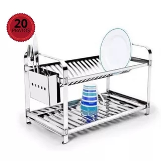 Escorredor de Louças até 20 Pratos com Porta Talher Todo em Aço Polido Inox Mak Inox