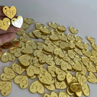 Kit 50 tags coração 3cm Acrílico Dourado 3mm com iniciais recorte aplique