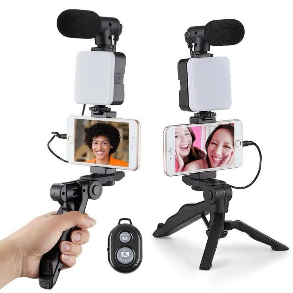 Kit Youtuber Tripe Vlog Live Suporte Celular Led com Microfone Fazer Vídeos