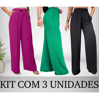 Kit 3 Calça Feminina Pantalona Wide Leg Cintura Alta Com Bolso Duna Premium Tendendcia