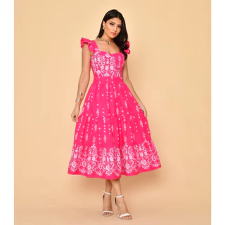 Vestido midi tricôline estampado com babada na manga 30012