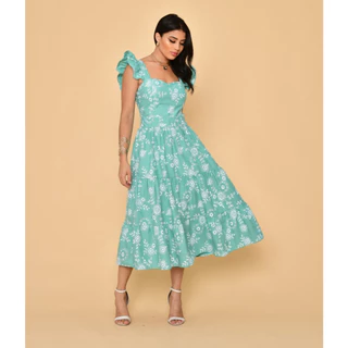 Vestido midi luxo estampado tricôline algodão com babada na manga 30013
