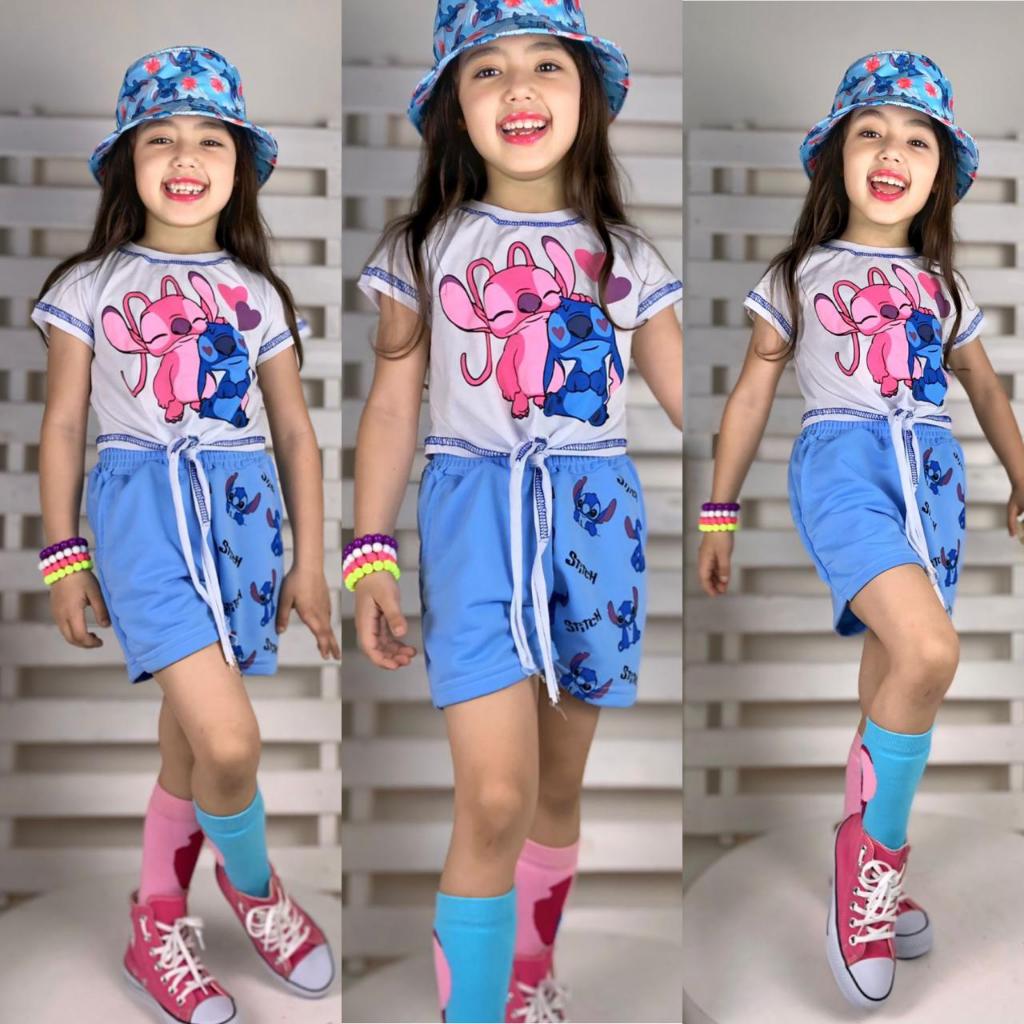 Conjunto Stitch Infantil Roupa Menina Camisa + Bermuda | Shopee Brasil