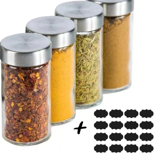 Kits Potes Para Porta Tempero e Condimentos Vidro Tampa Inox + Etiquetas Cozinha Organização