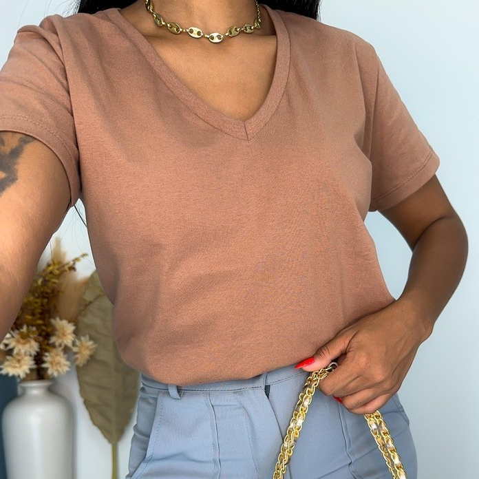 Blusa Basica Gola v Lisa Malha Feminina Baby Look 100% Algodão