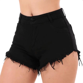 Short Jeans Feminino Preto Cintura Alta Levanta Bumbum Barra Desfiada