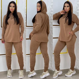 Conjunto Lanzinha casual com capuz e cordão bolso moda feminina lançamento outono inverno 2024 despojado festa