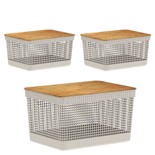 Kit Conjunto Com 3 Cestos Organizadores Grid Com Tampa De Bambu 1 de 20 Litros 2 de 8l Ou