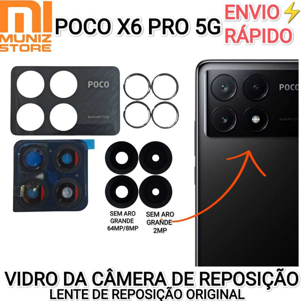 Vidro da Câmera Poco X6 Pro 5G 64MP Vidros de Reposição Original Com Aro ou Sem Moldura Xiaomi Kit Completo