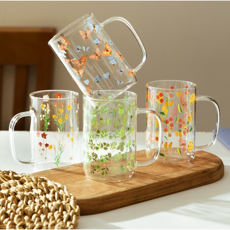 Conjunto 2 Canecas de Vidro Borossilicato Resistente a Calor Flor e folhas 280ml