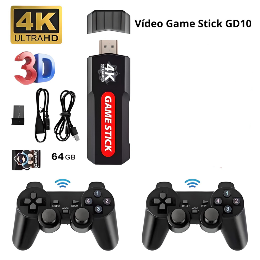 Vídeo Game Stick GD10 3D 4k 37000 jogos 2 controles sem fio 2024 ...