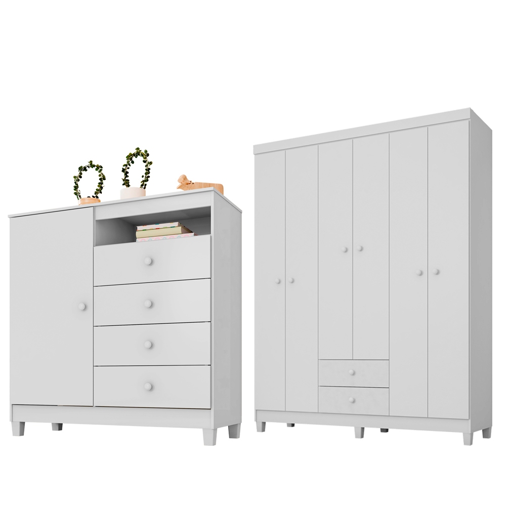 Guarda Roupa Infantil 6 Portas Com Cômoda Sapateira 1 Porta 4 Gavetas Aquarela Branco Clique Chique
