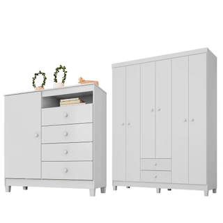 Guarda Roupa Infantil 6 Portas Com Cômoda Sapateira 1 Porta 4 Gavetas Aquarela Branco Clique Chique