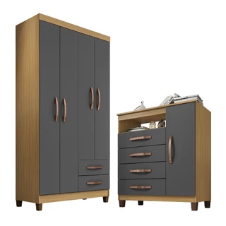 Guarda Roupa Solteiro 4 Portas Com Cômoda Sapateira 4 Gavetas 1 Porta Carvalho Grafite Clique Chique
