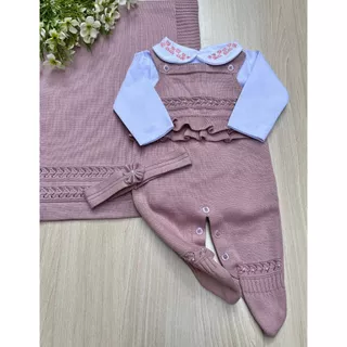 Saída de maternidade de menina em tricot rosê Ayla 4 peças